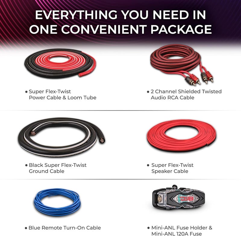 DS18 AKIT4.PU 4-GA Amplifier Installation Kit Up to 1680 Watts RMS, Mini-ANL Fuse Holder, Speaker & RCA Cables, CCA Amplifier Wiring Kit, Ultra Flex Wire, Amp Wire Kit, Amp Wiring Kit 4 Gauge - Purple - Image 3